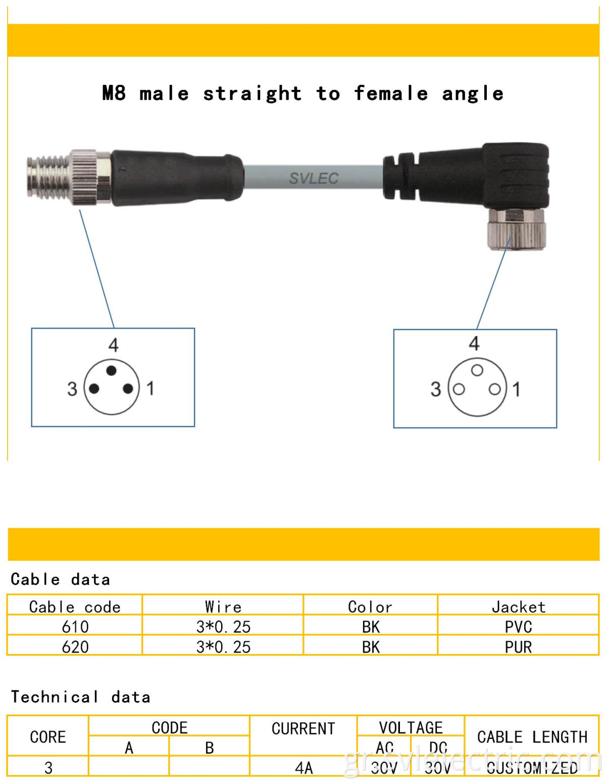 M8 male straight to female angle connector